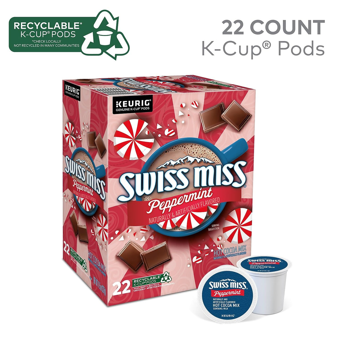 Keurig machine with Swiss Miss peppermint pod ready for a quick cocoa.