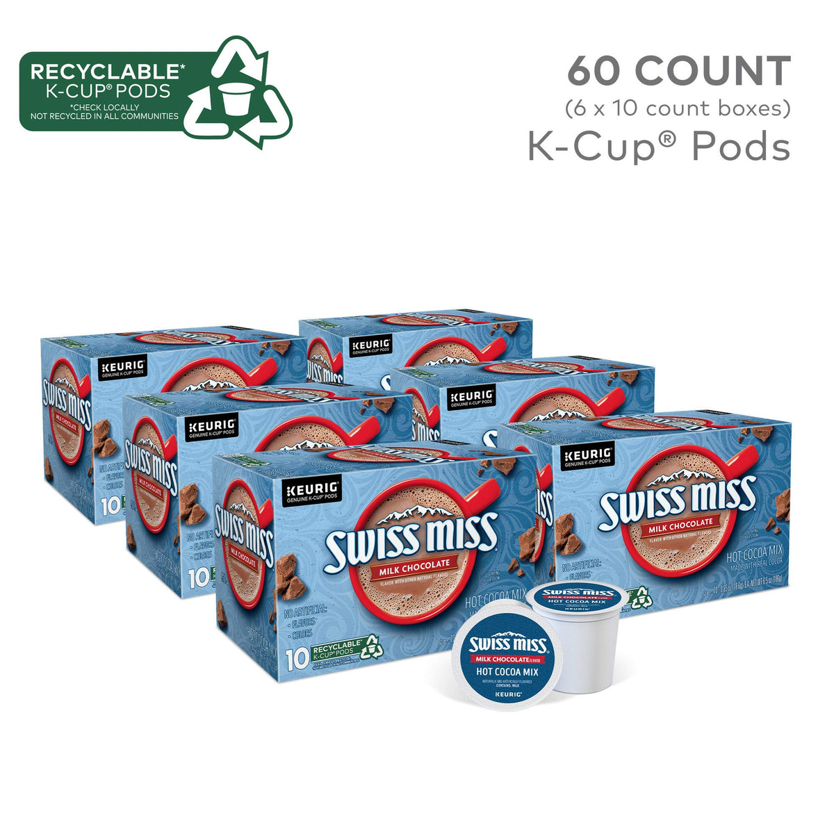 Keurig-compatible Swiss Miss pod brewing into a creamy mug