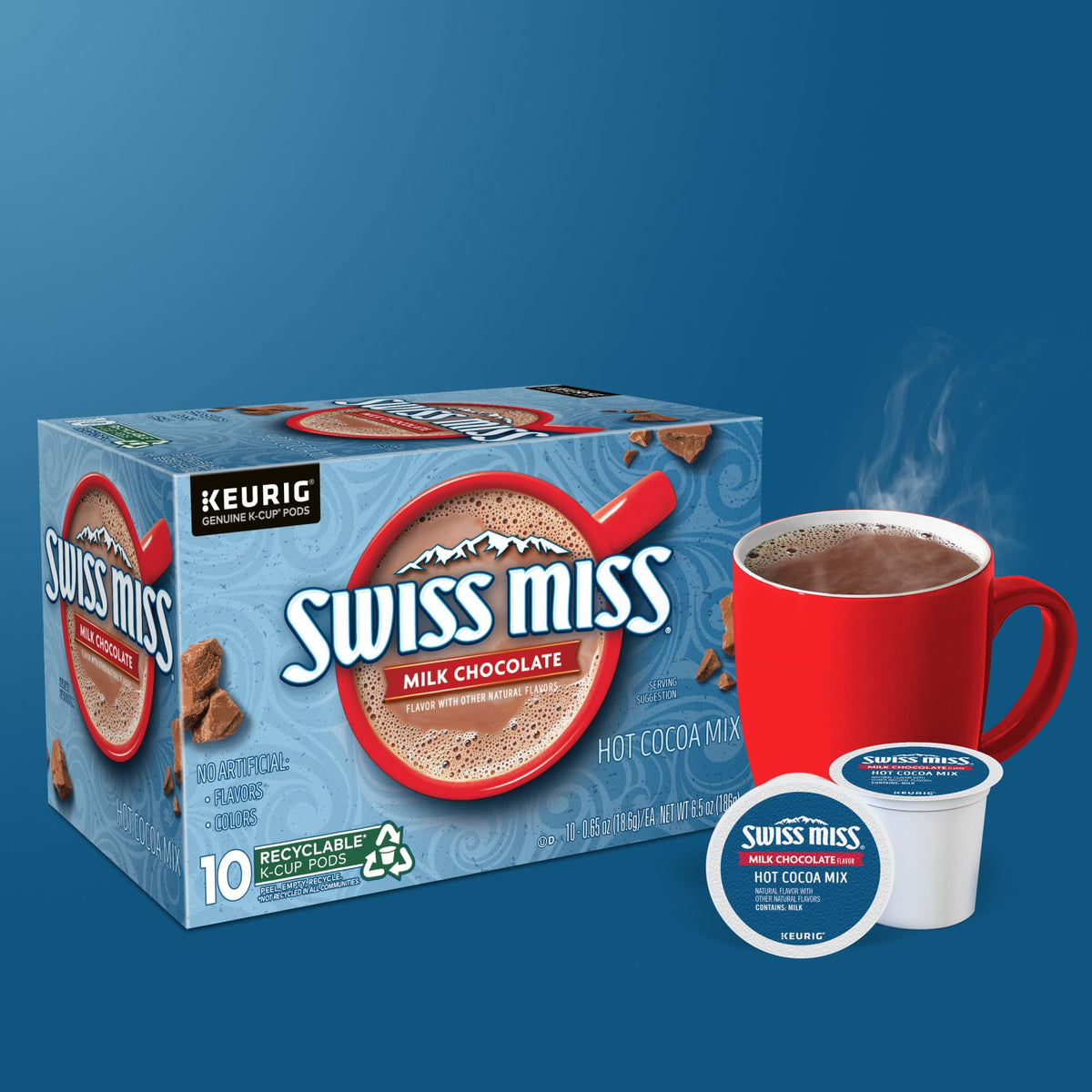 Visually rich cocoa pour from Swiss Miss K-Cup