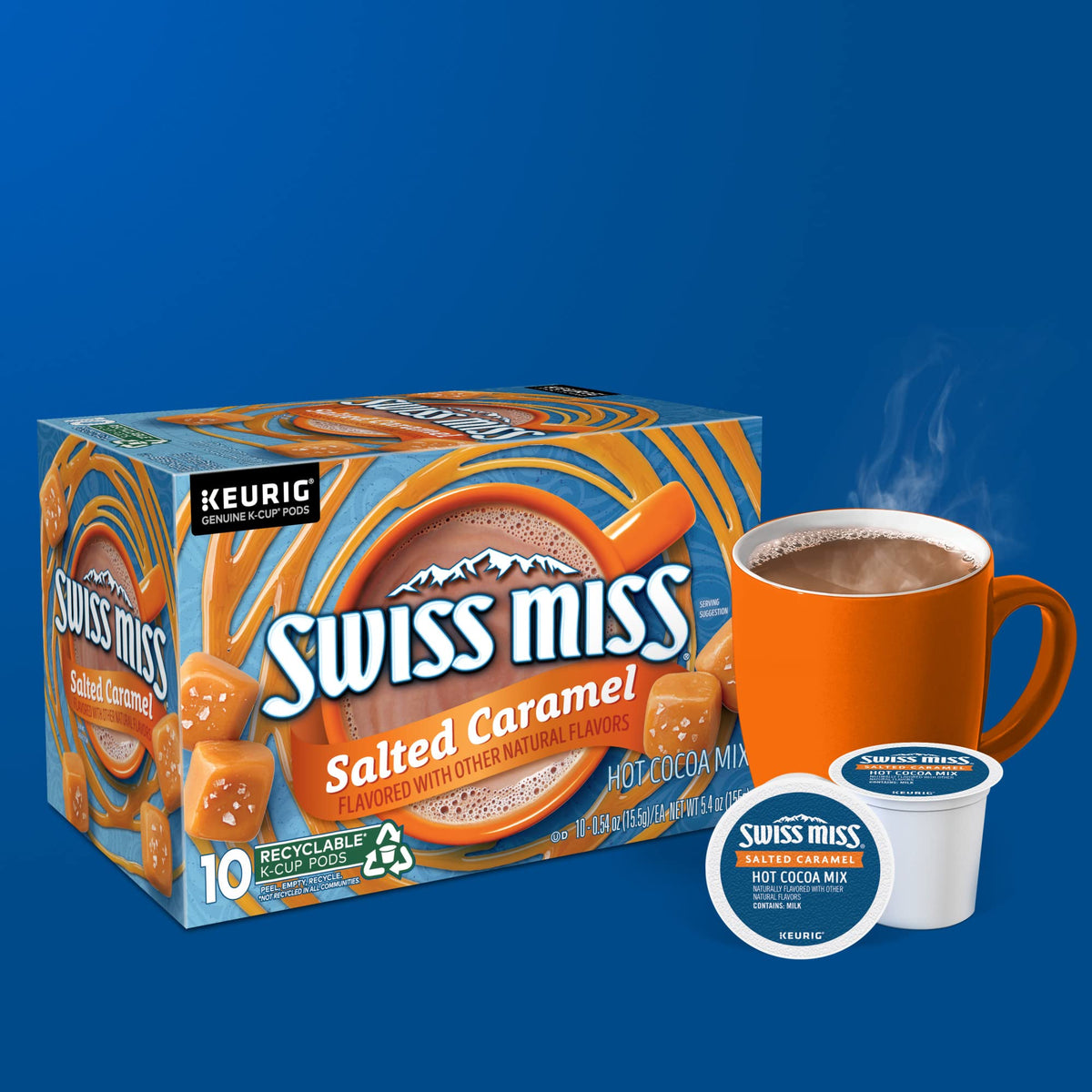 Swiss Miss cocoa pod ready to brew in a Keurig machine.