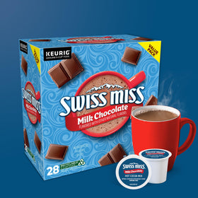 Keurig brewer pouring Swiss Miss into a warm mug