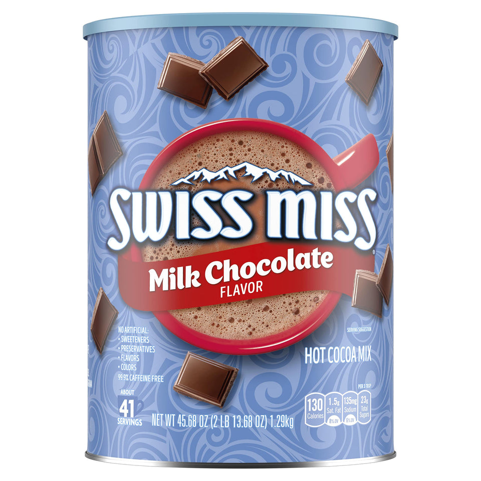 Swiss Miss milk chocolate hot cocoa six-pack canisters displayed for family use.