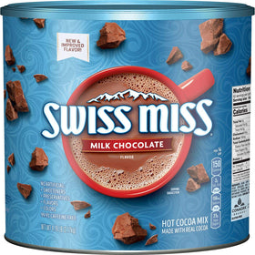Swiss Miss milk chocolate hot cocoa canister offers a rich aroma for cozy mornings.