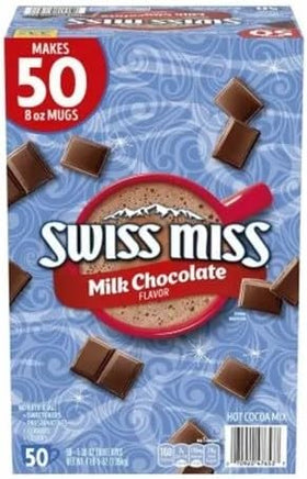 Swiss Miss milk chocolate hot cocoa packets ready for a comforting cup.
