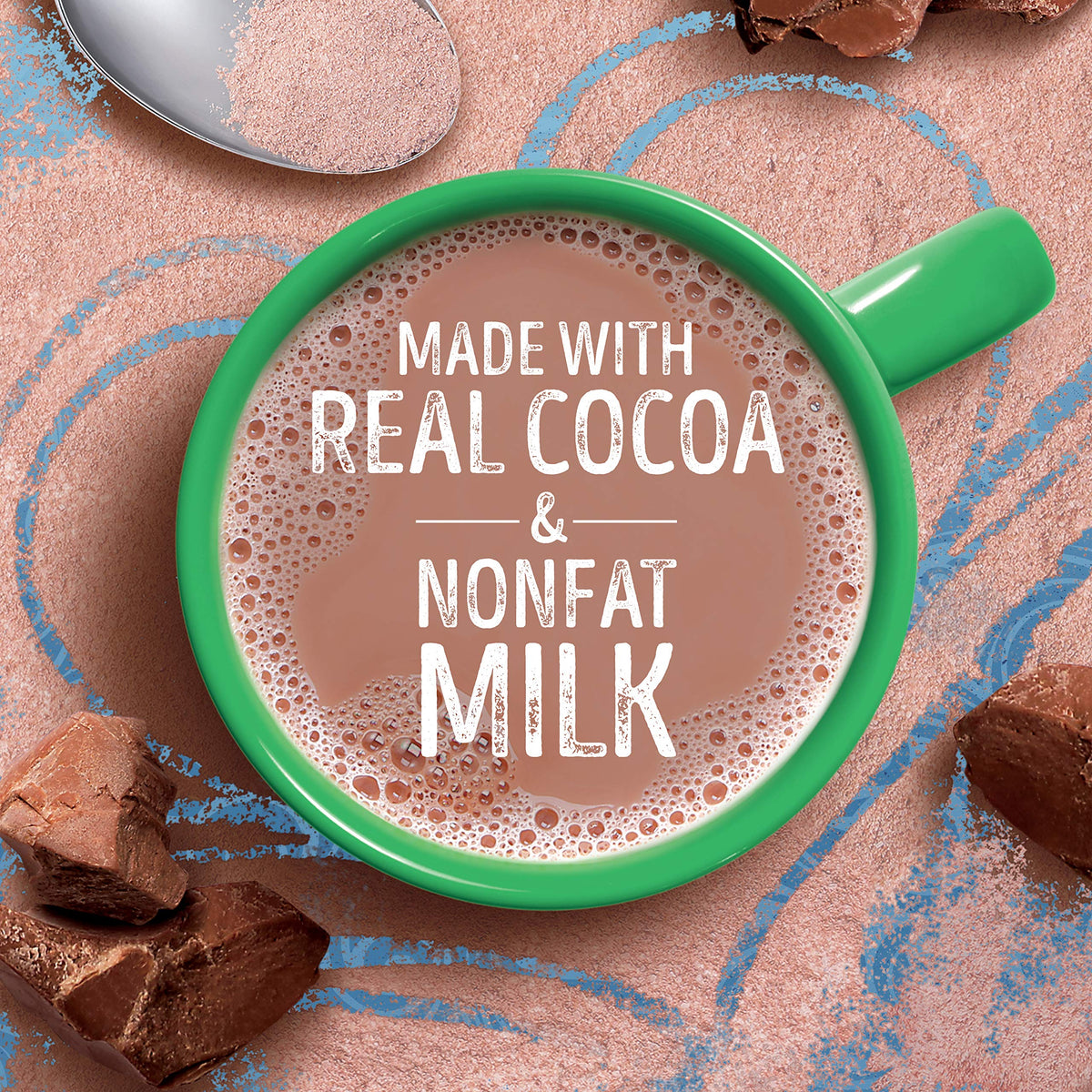 Pouring Swiss Miss milk chocolate powder into a mug for a creamy moment