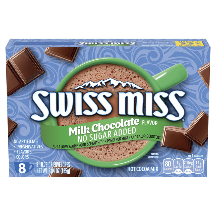 Swiss Miss no sugar added hot cocoa packaging in a cozy kitchen for a warm treat