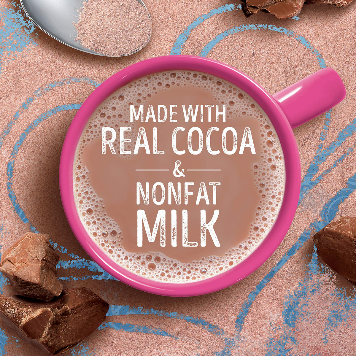 Swiss Miss pouring cocoa into mug for a creamy treat.