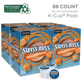 Swiss Miss Salted Caramel K-Cup packaging close-up highlights convenient four-pack design
