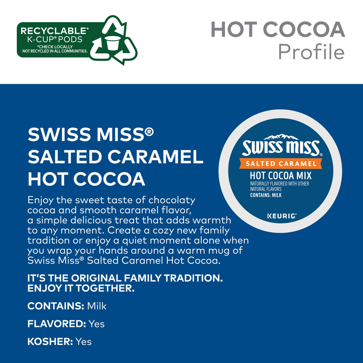 Close-up shows Swiss Miss Salted Caramel hot cocoa with creamy cocoa aroma