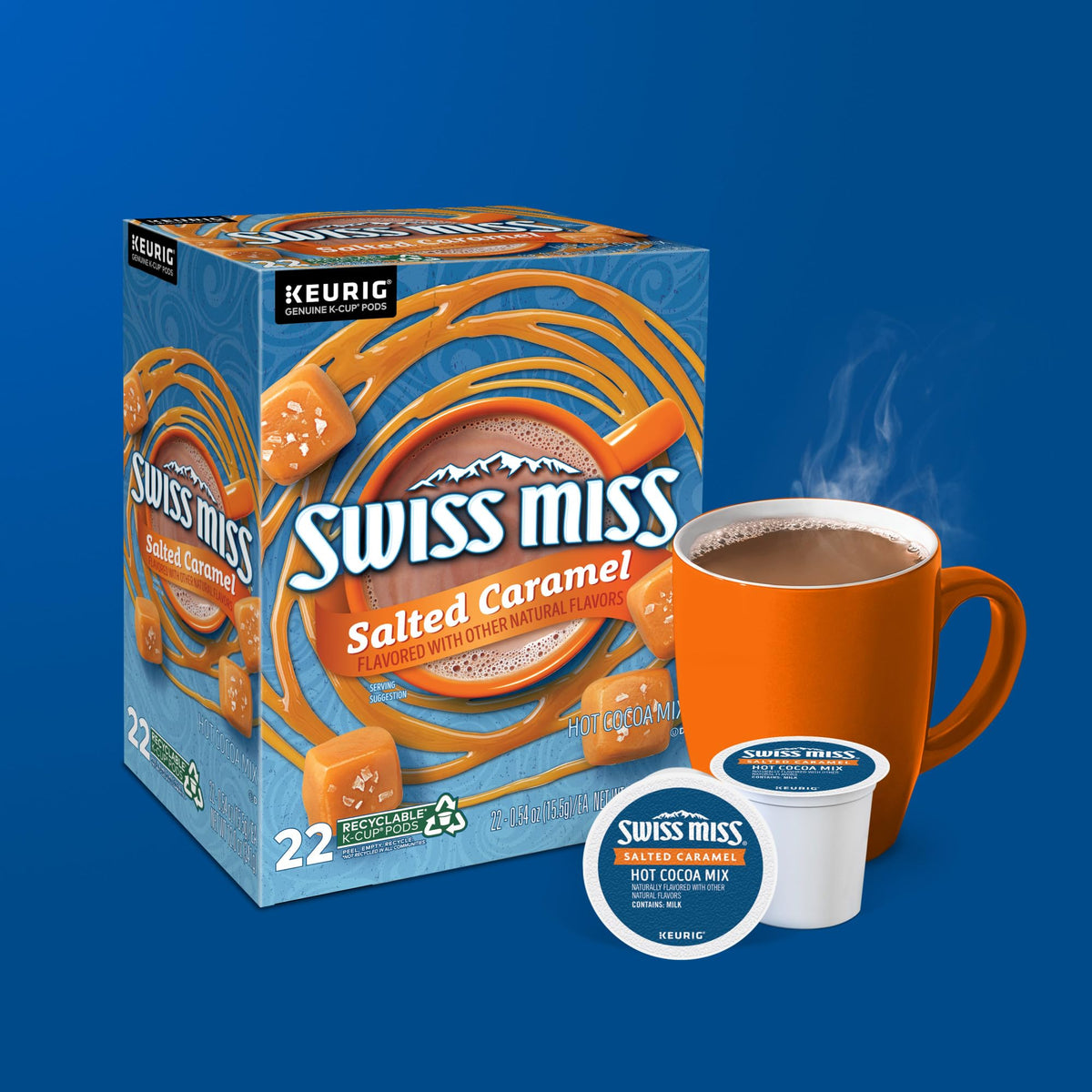 22-count box of Swiss Miss Salted Caramel hot cocoa keeps busy households stocked