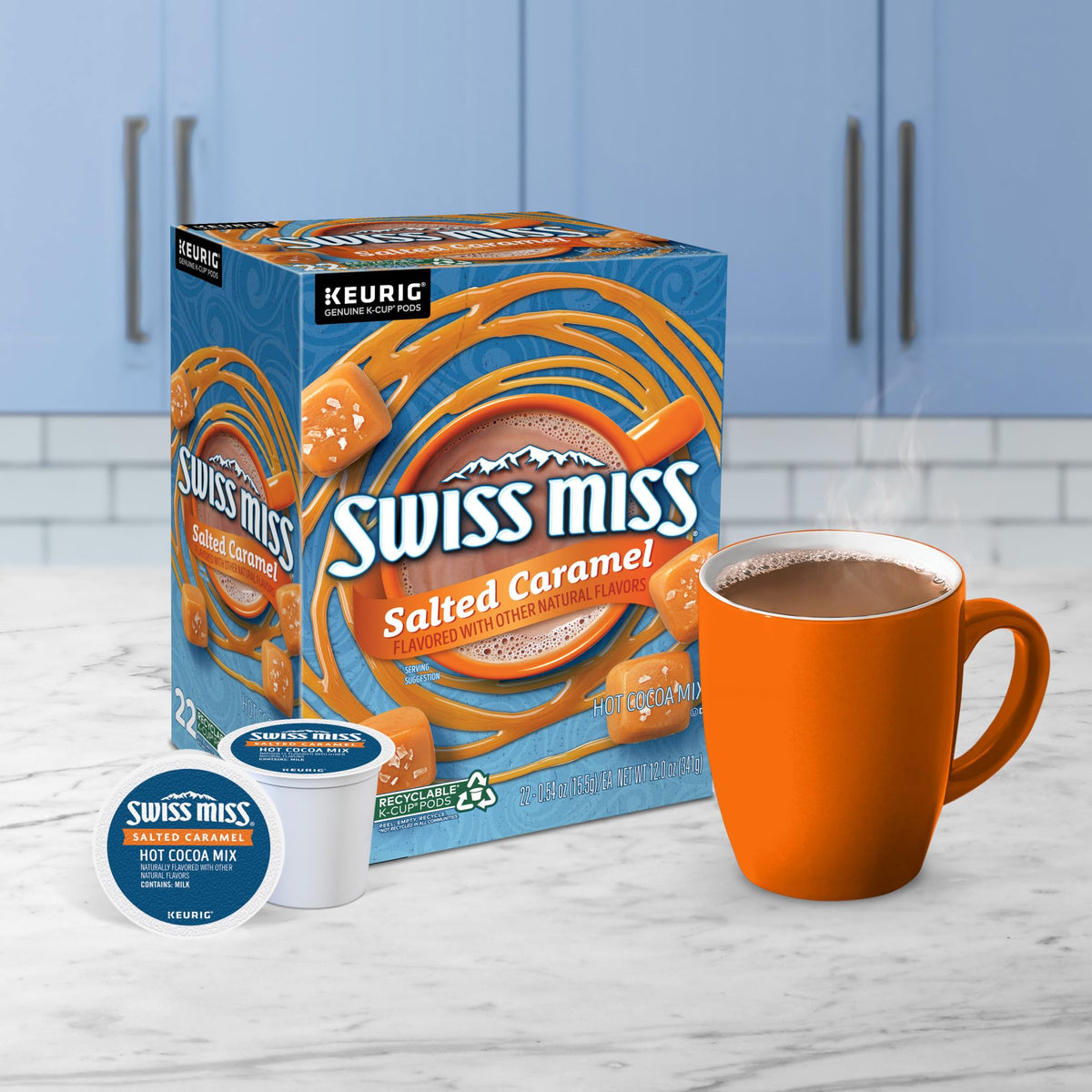 Steam rises as Swiss Miss Salted Caramel pods brew, offering a comforting aroma