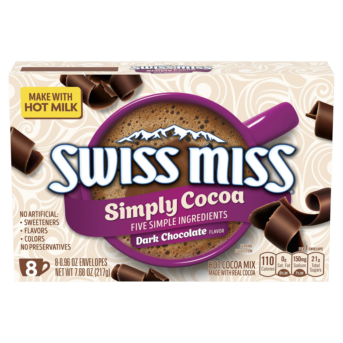 Swiss Miss Simply Cocoa packaging front, convenient 12-pack for everyday indulgence.