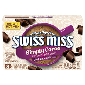 Swiss Miss Simply Cocoa packaging front, convenient 12-pack for everyday indulgence.