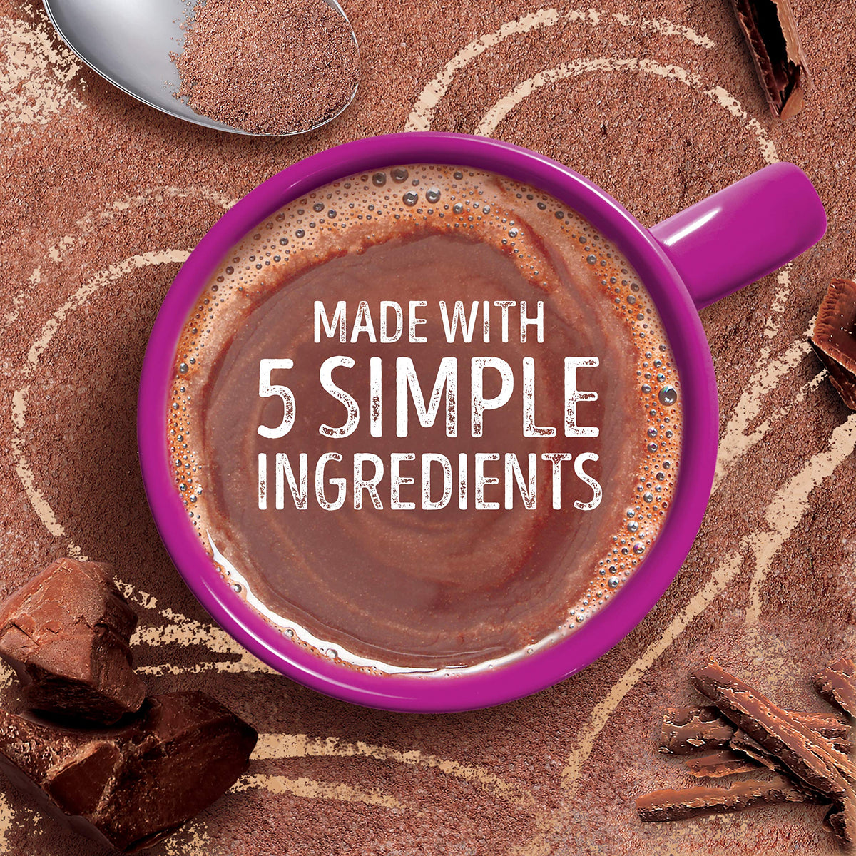 Swiss Miss Simply Cocoa packet closeup, five simple ingredients for wholesome flavor.