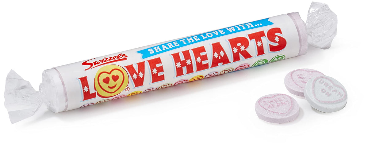 Swizzels Matlow giant love hearts 24-pack on display, oversized fruity candies for gifting.