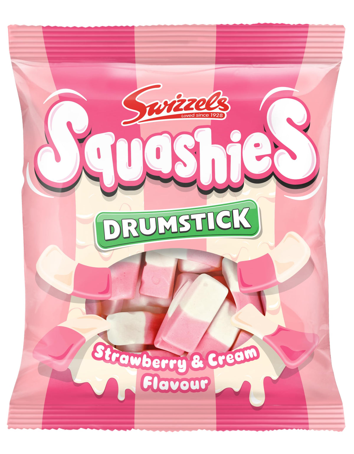 Swizzels Squashies Strawberry & Cream two-tone candies close-up for nostalgic snacking.