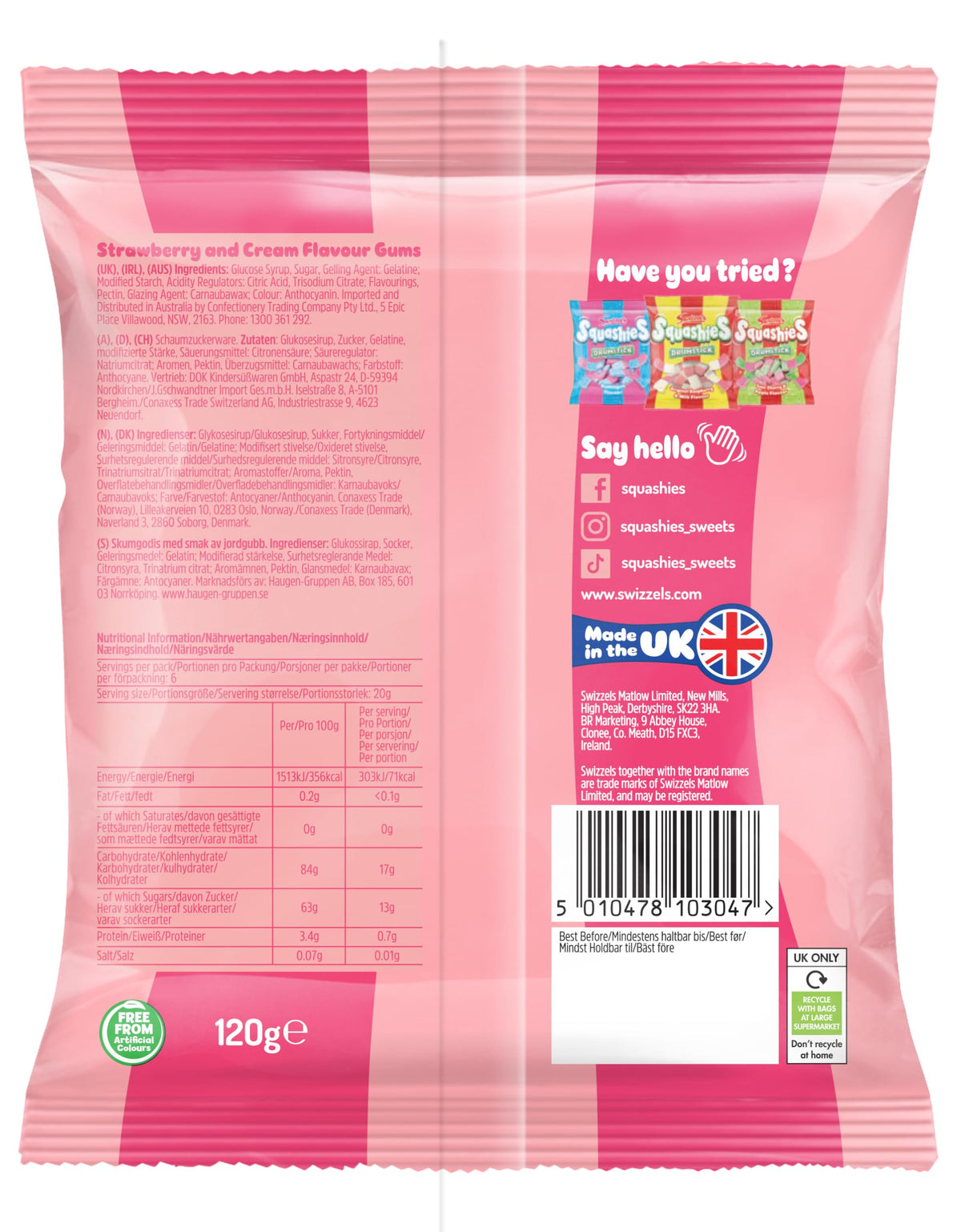 Swizzels Squashies Strawberry & Cream gluten-free resealable bag.