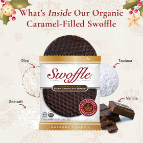 Swoffle caramel-centre stroopwafel, side view; allergen-friendly and dairy-free.
