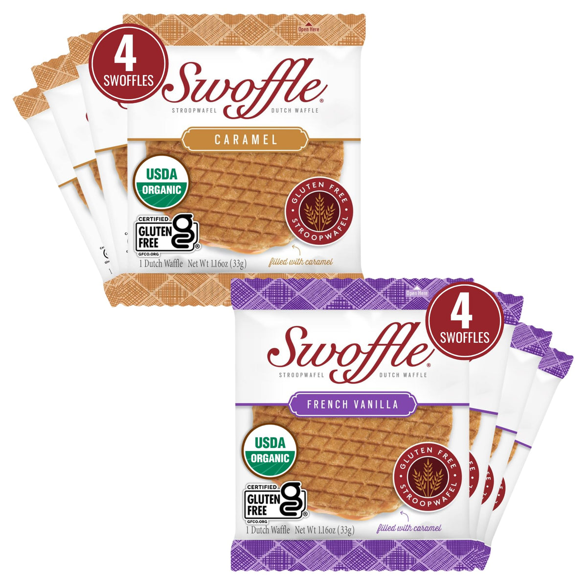 Swoffle caramel-filled Stroopwafel packaging shows gluten-free organic snack option