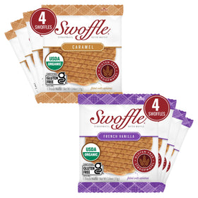 Swoffle caramel-filled Stroopwafel packaging shows gluten-free organic snack option