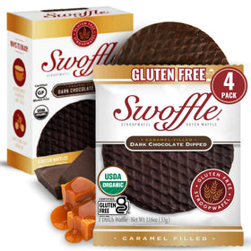 Swoffle chocolate-dipped stroopwafels with dark coating, organic and gluten-free indulgence.