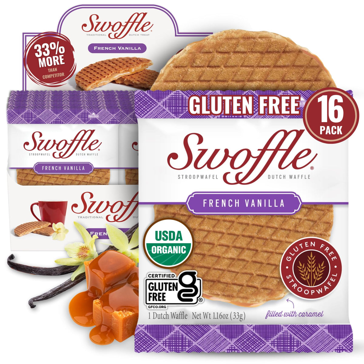 Swoffle French Vanilla Stroopwafel pack, gluten-free and organic, convenient snack.