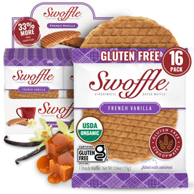 Swoffle French Vanilla Stroopwafel pack, gluten-free and organic, convenient snack.
