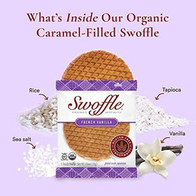 Swoffle French Vanilla Stroopwafel wafers show thin caramel layers, perfect with coffee.