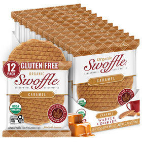 Swoffle gluten-free organic caramel-filled stroopwafels 12-pack on a clean surface for healthy snacking.