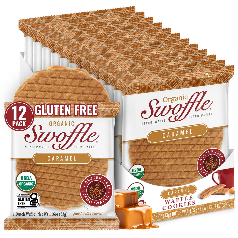 Swoffle gluten-free organic caramel-filled stroopwafels 12-pack on a clean surface for healthy snacking.