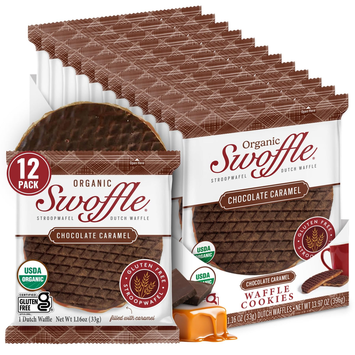 Swoffle Chocolate Caramel Stroopwafel with creamy center, ideal with coffee