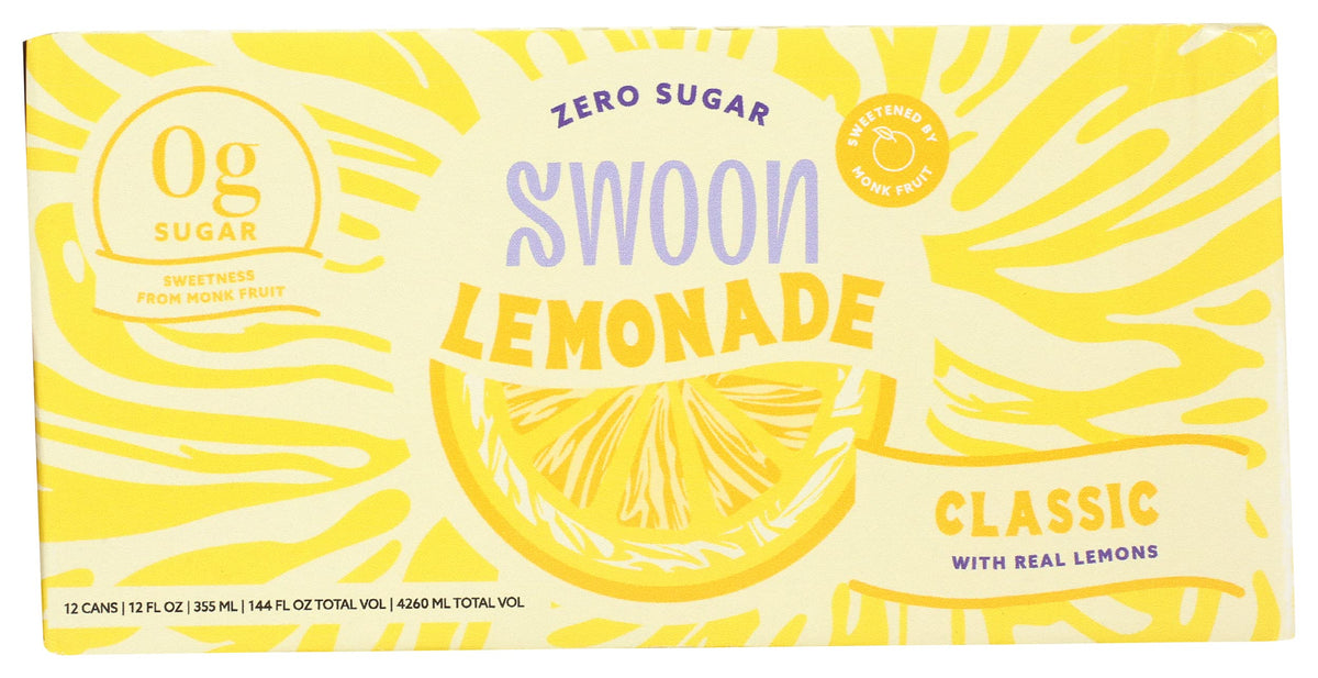 Swoon Classic Lemonade being poured into a glass, vibrant lemon color ideal for casual, guilt-free sipping