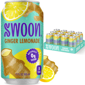 Swoon Ginger Lemonade can being poured, highlighting zero sugar and bright citrus.