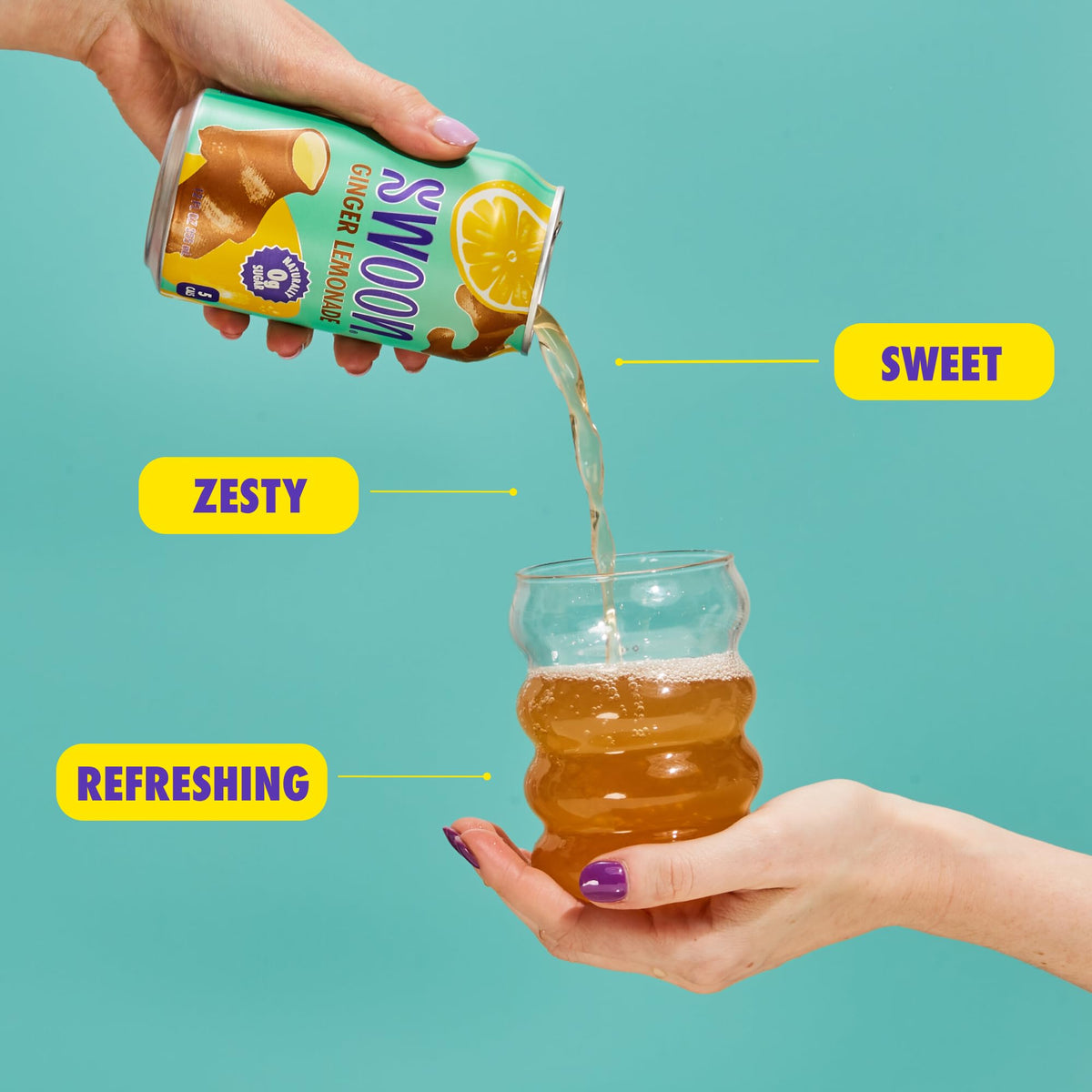 Closeup of Swoon Ginger Lemonade label, showing monk fruit sweetness and lemon juice.