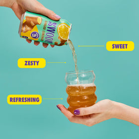 Closeup of Swoon Ginger Lemonade label, showing monk fruit sweetness and lemon juice.