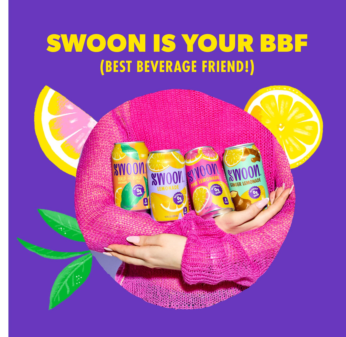 Pack of 12 Swoon Ginger Lemonade cans on display, convenient zero sugar hydration.