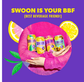 Pack of 12 Swoon Ginger Lemonade cans on display, convenient zero sugar hydration.