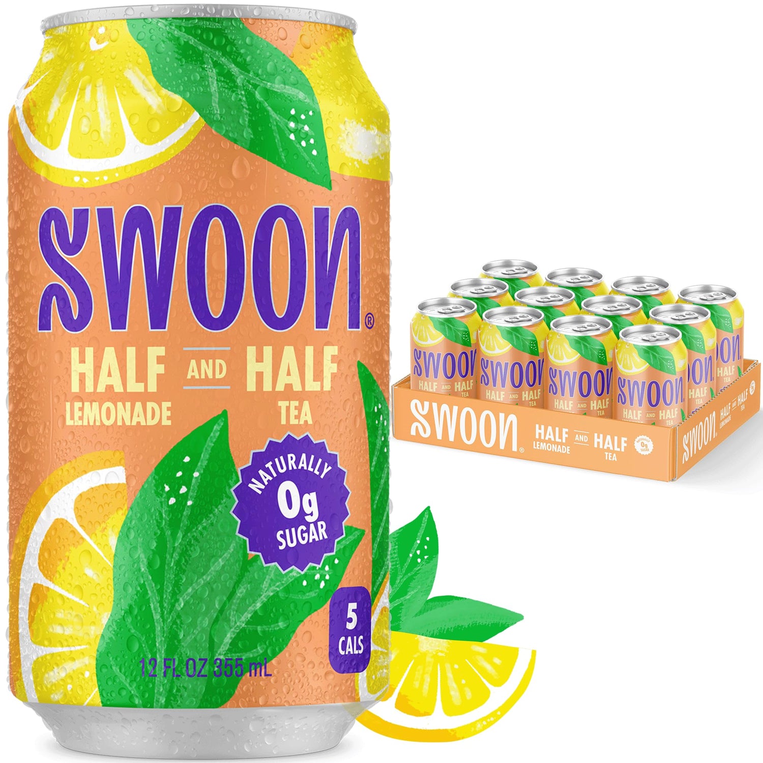 Swoon half unsweetened tea lemonade pack 12 cans showing zero sugar and five calories