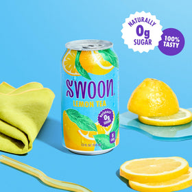 Swoon Lemon Tea can label closeup highlights monk fruit sweetness and natural ingredients.