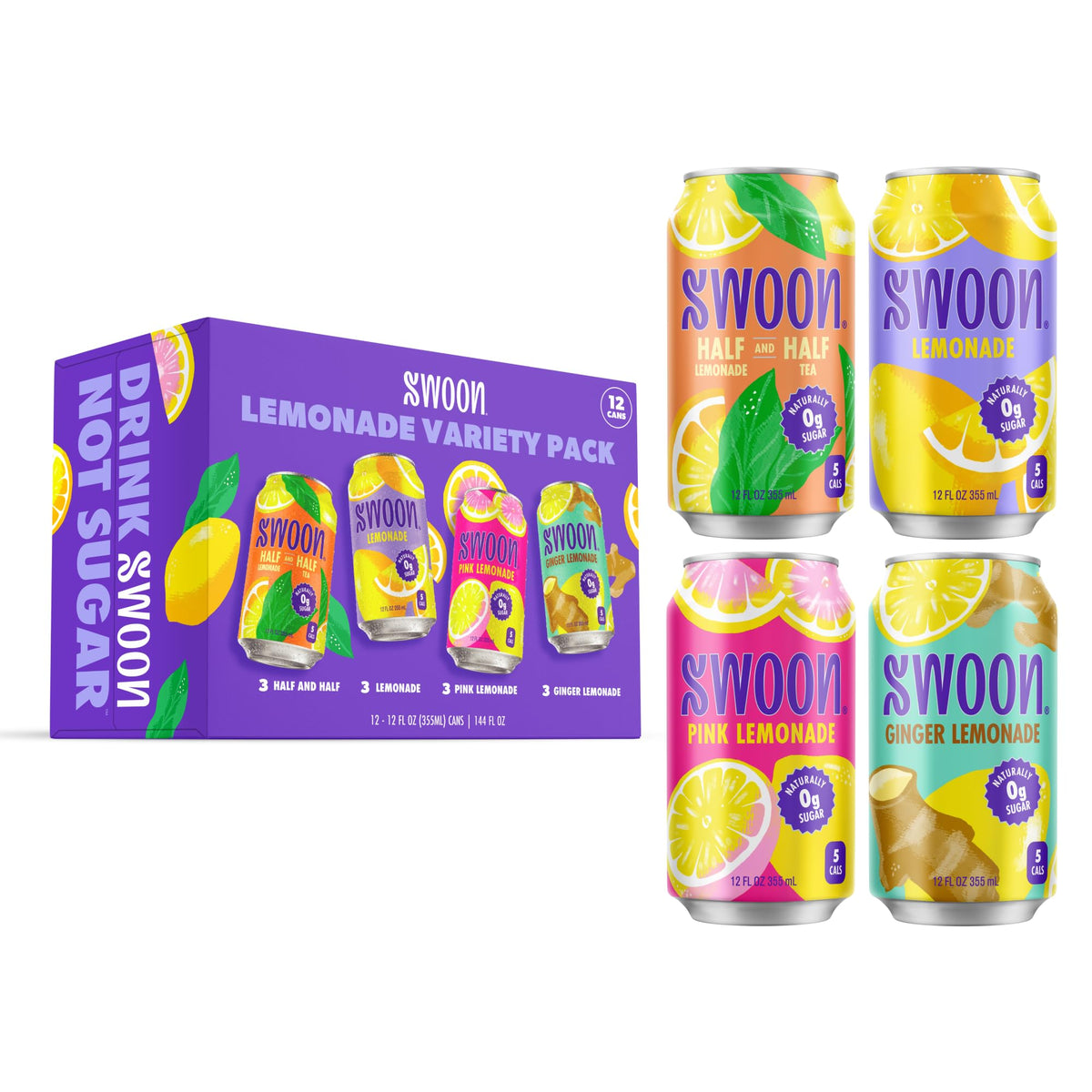 Swoon Lemonade Variety Pack front view shows zero sugar, keto-friendly flavors.