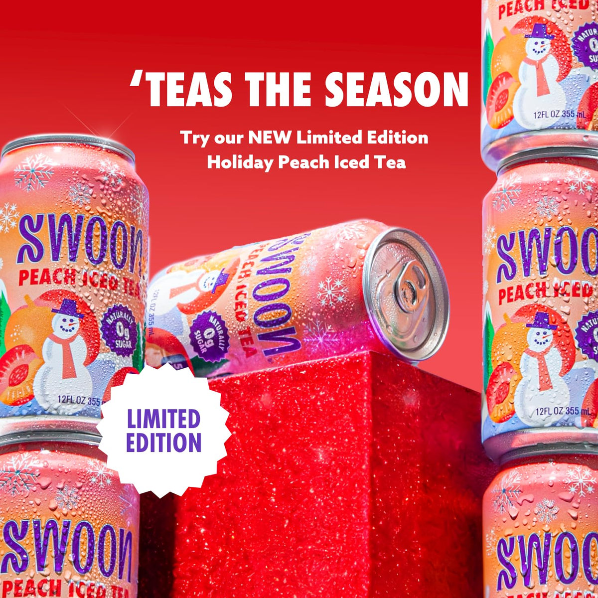 Swoon Peach Tea bottle being poured over ice for a refreshing serve