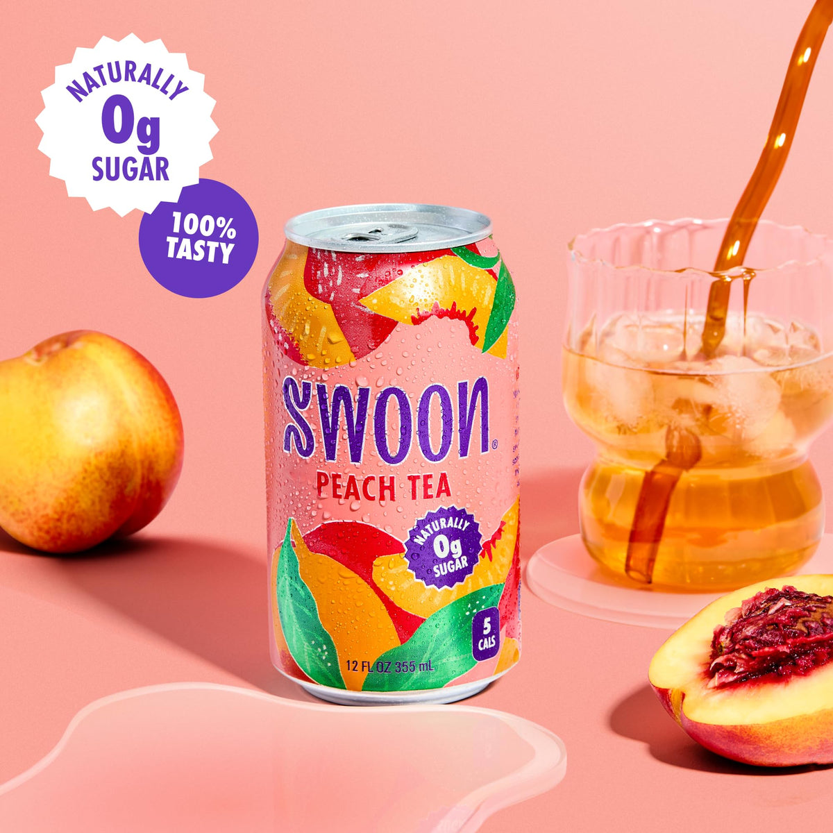 Swoon Peach Tea label close-up highlighting monk fruit and stevia sweetness