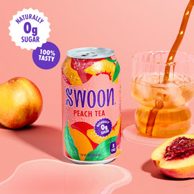Swoon Peach Tea label close-up highlighting monk fruit and stevia sweetness