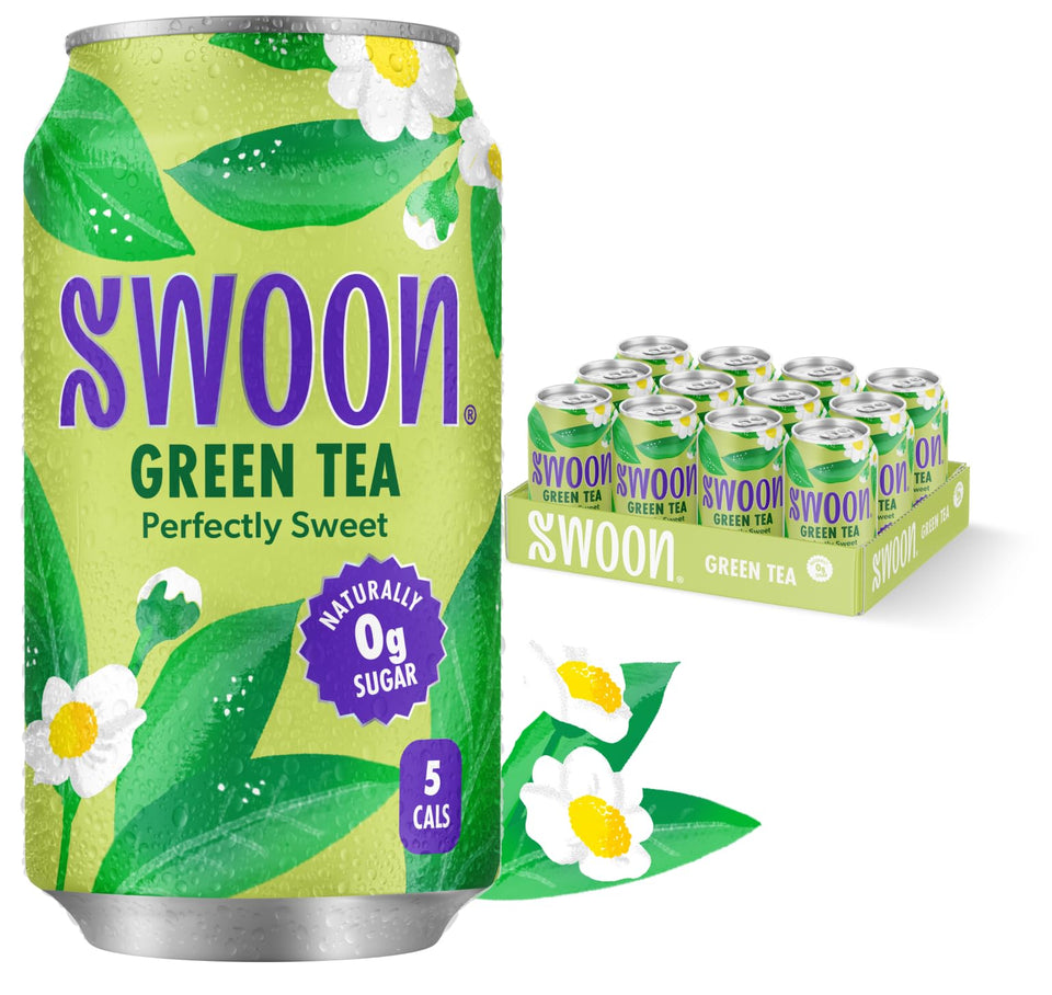 Swoon Perfectly Sweet Green Tea packaging highlights zero sugar and natural sweetness.