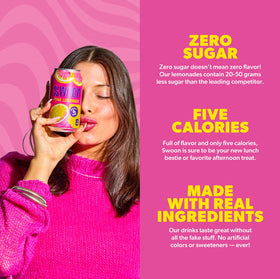 Swoon Pink Lemonade can with monk fruit and stevia imagery for sugar-free flavor