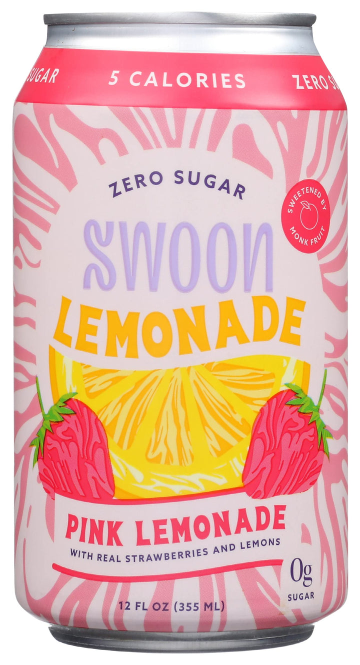 Swoon Pink Lemonade 12-pack bottles, zero sugar refreshment for busy days.