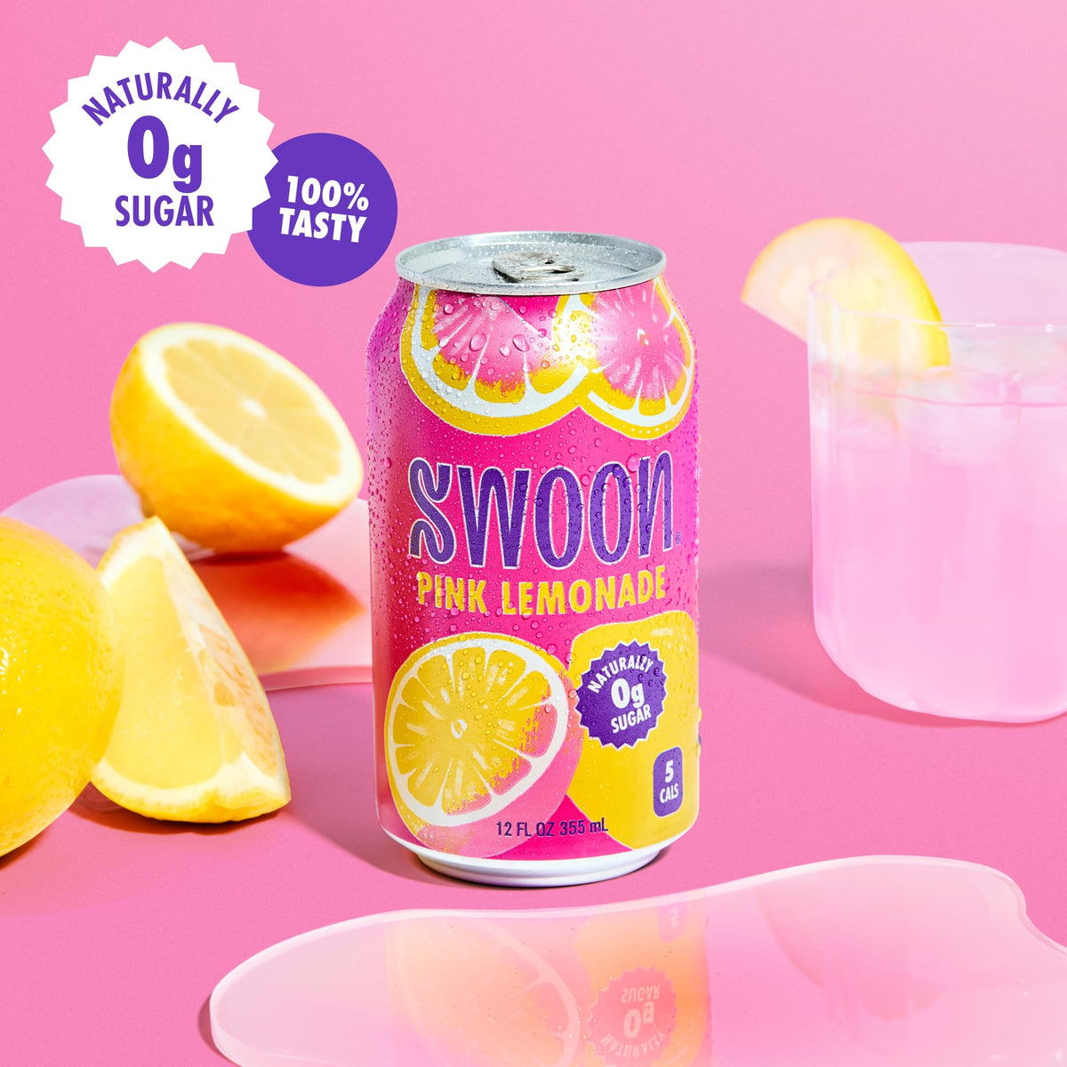 Swoon Pink Lemonade 12-pack cans highlighting keto and gluten-free benefits