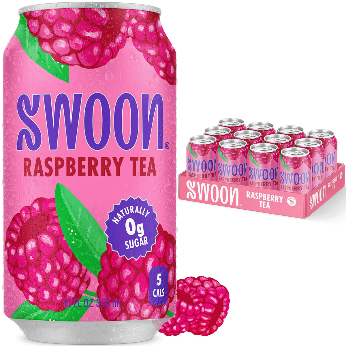 Swoon Raspberry Iced Tea bottle showing bold zero sugar flavor
