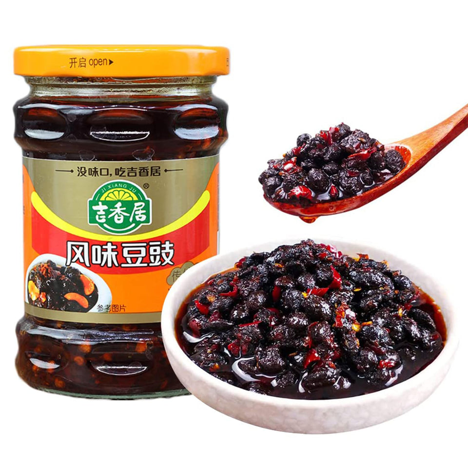 SXET fermented black bean sauce jar showing rich color for authentic Sichuan cooking.