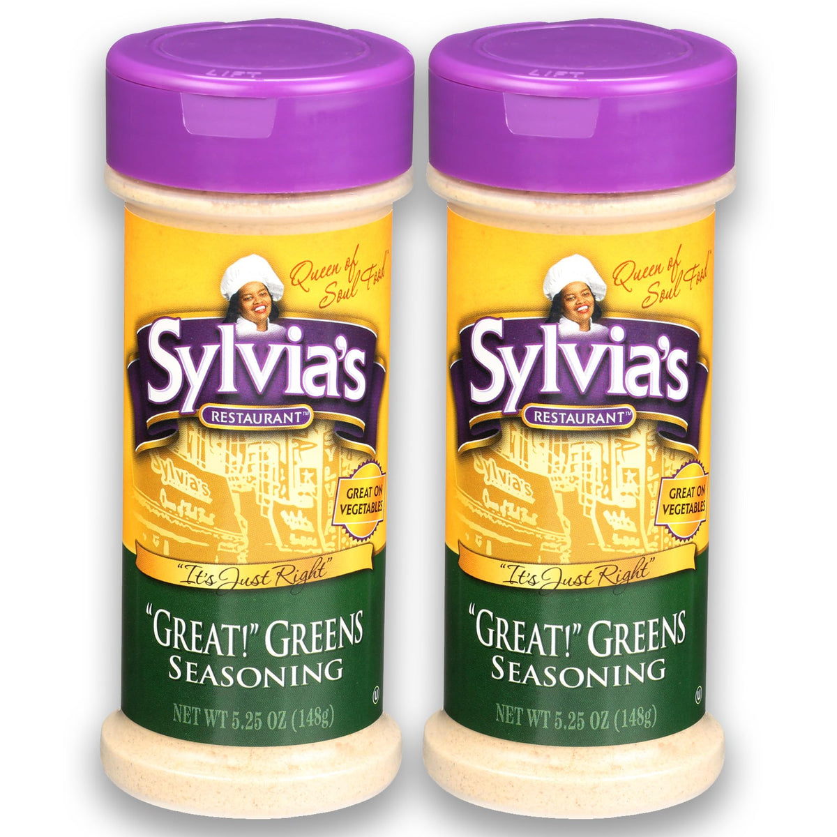 Sylvia's Great! Greens Seasoning bottle front boosts collard greens with savory flavor
